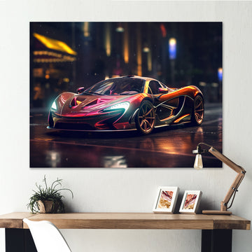 Exotic Car In The Neon Streets I - Neon Car Canvas Wall Art